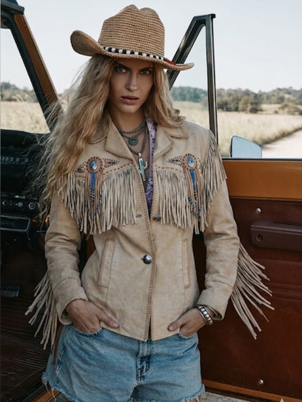💎Cripple Creek Vintage Beaded Fringe Authentic Leather Suede Jacket Western